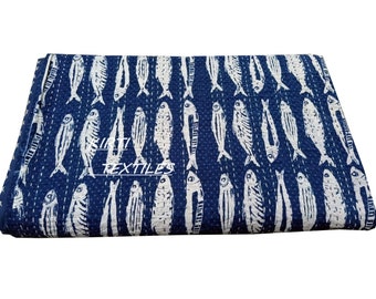 Natürlicher Indigo Kantha Überwurf, Fisch Print Baumwolle Tagesdecke, Handblock Gedruckter Bettwäschebezug, Indisches Handgefertigtes Schlafzimmer Dekor Queen-Size Überwurf