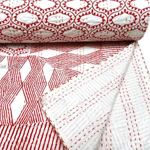 Reversible Block Print Red Cotton Kantha Bedspread, Indian Light Weight Soft Bedding Throw Coverlet, Cotton Quilted Luxury Bed Throw/Quilt
