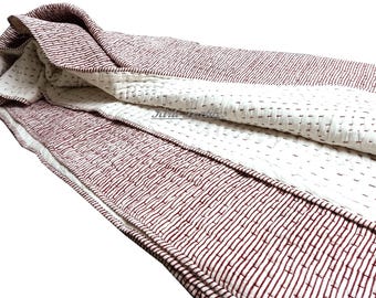Hand Block Print Cotton Kantha Quilt, Indian Handmade Blanket, Reversible Bed/Sofa Coverlet