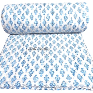 Blue Buti Print Kantha Quilt, Indian Handmade Reversible Quilt, Hand Block 100% Cotton Quilted Kantha Quilt, Soft Bedroom Decor AC Blanket
