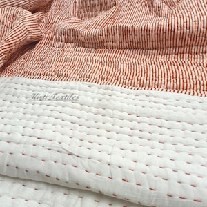 Red Striped Block Printed Cotton Kantha Quilt, Reversible Indian Bedding Handmade Blanket/Quilts