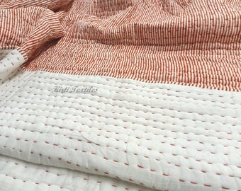 Red Striped Block Printed Cotton Kantha Quilt, Reversible Indian Bedding Handmade Blanket/Quilts