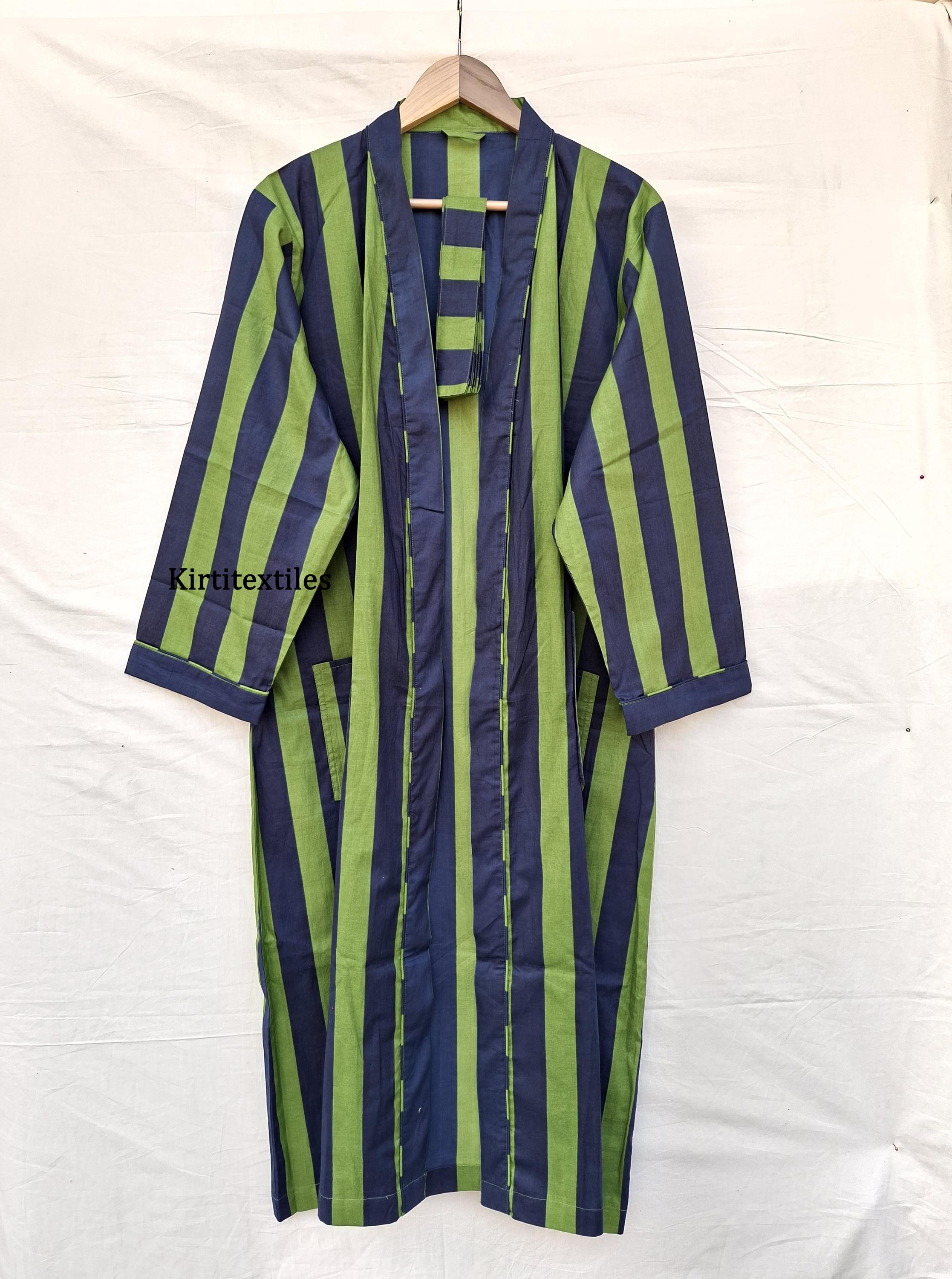 Green and Blue Striped Print Long Dressing Gown, Unisex Cotton Kimono Robe for Her