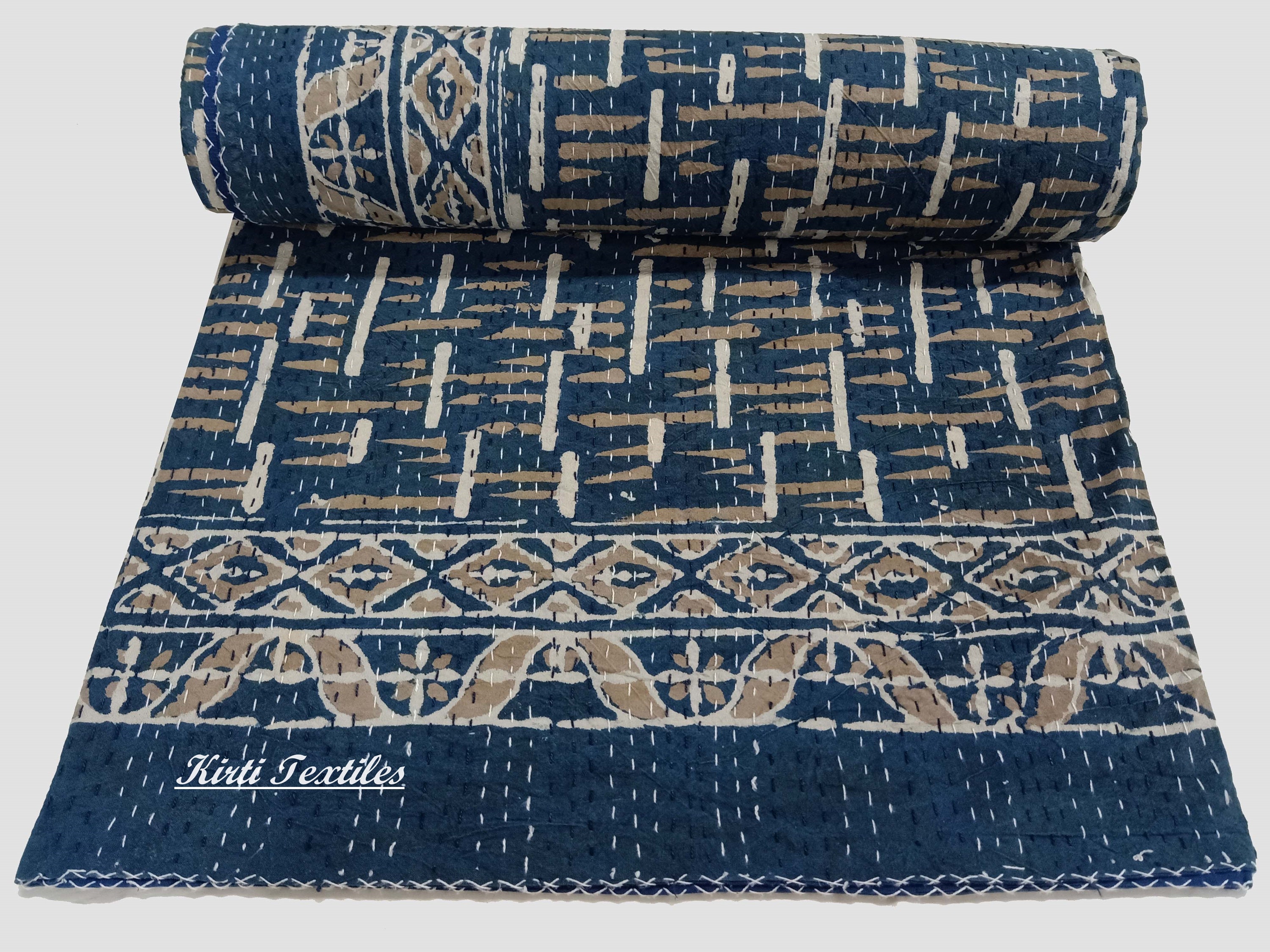 Indigo Blau Bettwäsche werfen, Indischer Block Print Tagesdecke, Sofa / Bett-Dekor aus reiner Baumwolle, Weiche Kantha Reversible Gudari Hand Stich Quilted Quilt