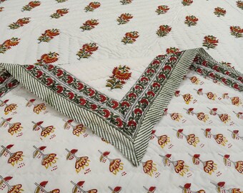Indian Hand Block Print Cotton kantha Quilt King Size Gorgeous Handknitted Quilts  Light Weight Soft Quilt Winter AC Comforter Jaipuri Razai