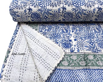 Handmade Reversible Cotton Bedspread, Floral Block Print Kantha Throw, Queen Size Bedding Sofa Quilt