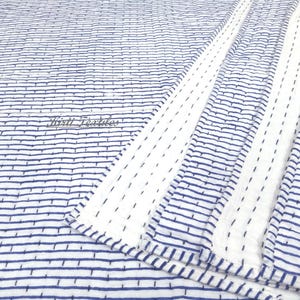 Edredón Kantha con estampado de rayas azules, edredón reversible indio hecho a mano, edredón acolchado de algodón suave, edredón decorativo de lujo para sofá o cama, manta para aire acondicionado