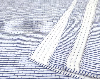 Blauer Streifen Block Gedruckt Kantha Quilt, Indische Handgemachte Wendedecke, Weiche Baumwolle Gesteppte Quilt, Luxus Sofa/Bett Dekor Quilt, AC Decke