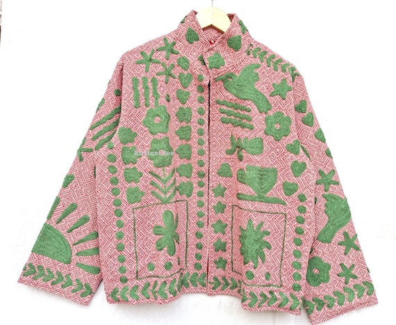 Suzani Floral Embroidery Cotton Handmade Jacket, Indian Style Jackets/Coat, Inside Striped Jacket