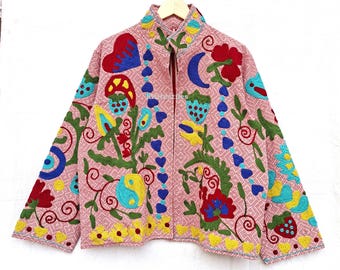 Cotton Sujani Art Embroidered Jacket, Floral Print Beach Wear Women Jacket, Gift For Wife