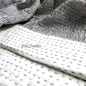 Black Striped Block Print Kantha Quilt, Soft Cotton Bedding Quilts, Reversible Handmade Blanket