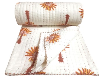 Edredón Kantha de algodón con estampado de palmeras, manta/cubrecama reversible india hecha a mano