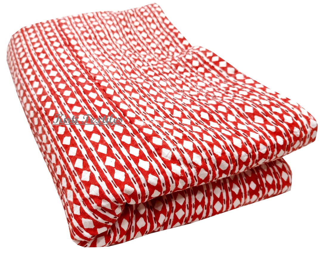 Red Stripe Hand Block Print Cotton Kantha Throw, Indian Handmade ...