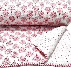 Pink Leaf Print Quilt, Hand Block Print Kantha Quilt, Cotton Quilted Quilt, Indian Reversible Bedding Quilt, Soft AC Blanket, All Size Quilt