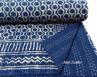 Solide Indigo Kantha Decke, Block Print Bettwäsche Quilt, handgemachte indische Tagesdecke, 100% weiche Baumwolle Bettdecke, Schlamm Rost Print Indigo Decor Quilt