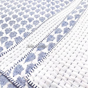 Reversible Blue Leaf Block Printed Kantha Quilt, Indian Handmade Quilt, Luxury Bedding Quilt, Cotton Quilted AC Blanket, Bedroom Decor Quilt