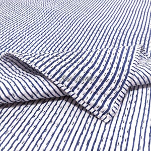 Reversible Blue Stripe Block Printed Quilt, Indian Kantha Quilt, 100% Soft Cotton Quilted Blanket, Hand Stitched Bedding Quilt, AC Blanket