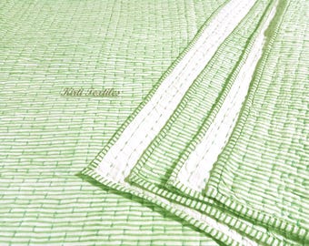 Trapunta Kantha con stampa a blocchi a righe verde chiaro, trapunta trapuntata in 100% cotone morbido, trapunta Kantha AC reversibile fatta a mano in India, trapunta decorativa per divano/letto