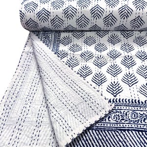 Blue Leaf Print Kantha Quilt, Hand Block Print Throw Blanket, Kantha Stitch Bedspread, 100% Cotton Quilted Reversible Bed/Sofa Throw Cover