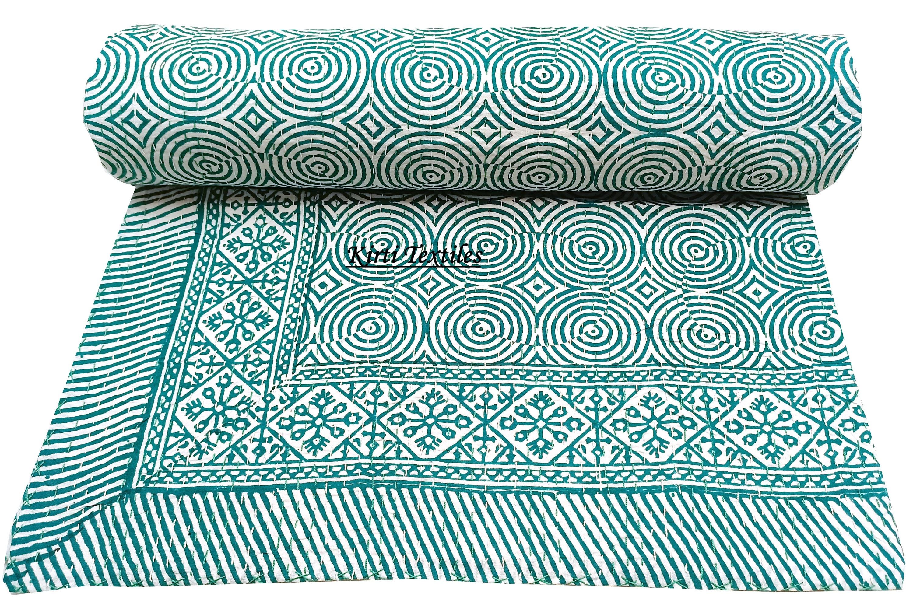 Copriletto In Puro Cotone Fatto A Mano, Stile Kantha Con Stampa A Blocchi - Doppia Faccia Bianco E Blu, 220x270 Cm (Reversibile)