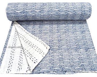 Queen Size Wi-Fi Block Print Kantha Bedspread, Handmade Reversible Cotton Throw, Luxury Bedding Quilt
