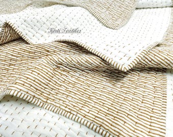 Wendbare Kantha-Baumwolldecke mit braunen Streifen, Handdruck-Baumwollkantha-Bettwäschedecke, indische gesteppte Handstichdecke aus 100% Baumwolle, Decke