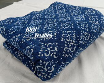 New Indigo Wunderschöner Indischer Druck 100% Baumwolle Kantha Bettdecken, Luxus King Size Tagesdecke, Weiche, Gemütliche, Ultra Warme Decke, Handgefertigte Bettwäsche.