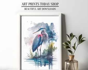 Blue Heron Watercolor Art Print: Nature Wall Decor (Digital Download)