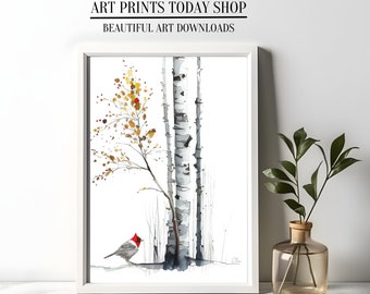 Cardinal & Birch Tree Watercolor Art Print (Digital Download)