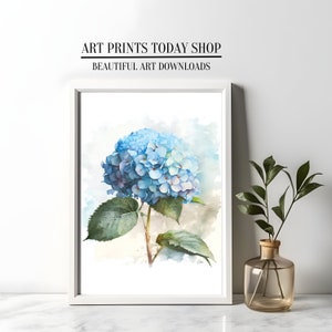 Hortensia azul / Arte mural de hortensias / Impresión en casa / Descarga instantánea / Acuarela digital / Arte floral / Flores de primavera
