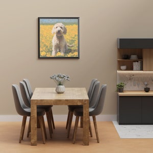 May include: A wooden dining table with six gray chairs. A framed painting of a dog in a field of yellow flowers hangs on the wall behind the table.