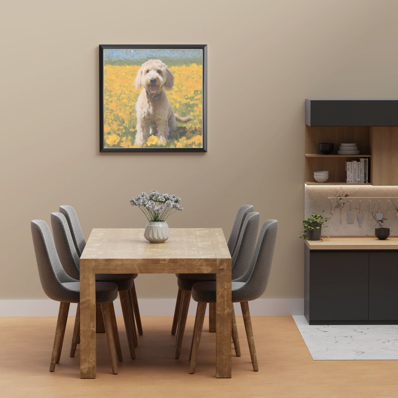May include: A wooden dining table with six gray chairs. A framed painting of a dog in a field of yellow flowers hangs on the wall behind the table.