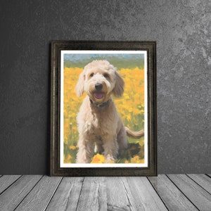 May include: A painting of a light brown dog sitting in a field of yellow flowers. The dog is smiling and has its tongue sticking out.