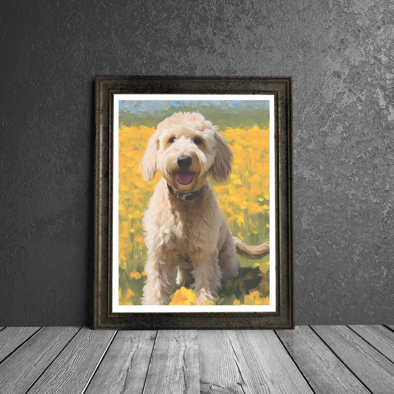 May include: A painting of a light brown dog sitting in a field of yellow flowers. The dog is smiling and has its tongue sticking out.