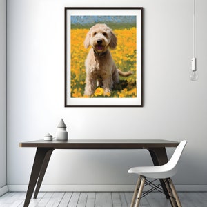 May include: A light brown dog with a white chest and a pink tongue sits in a field of yellow flowers. The dog is smiling and looking at the camera.