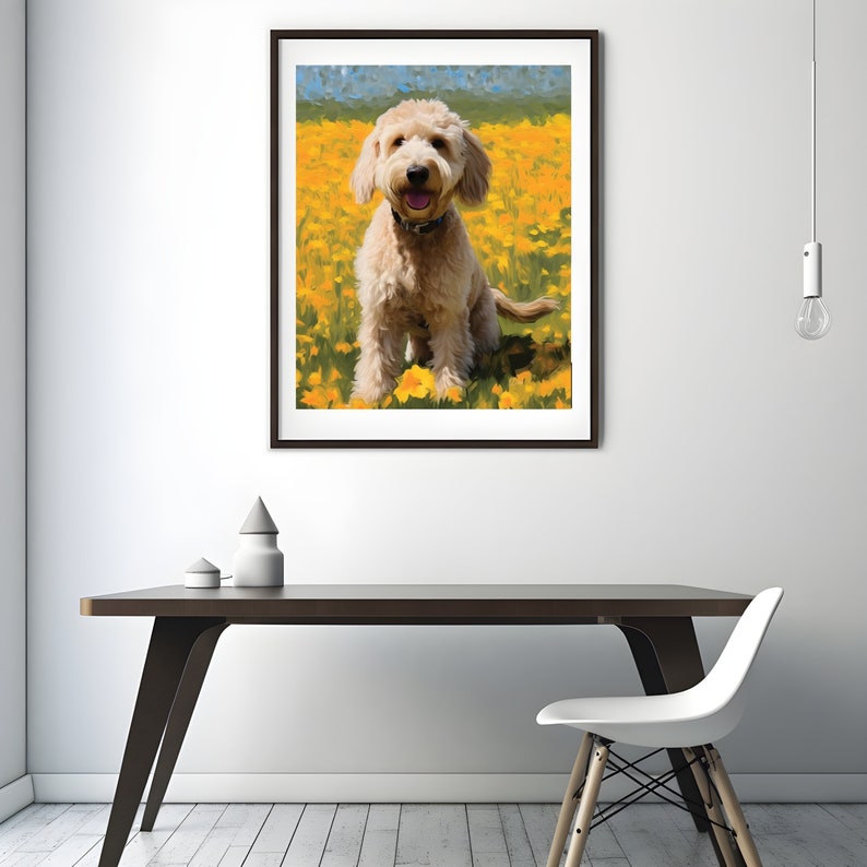 May include: A light brown dog with a white chest and a pink tongue sits in a field of yellow flowers. The dog is smiling and looking at the camera.