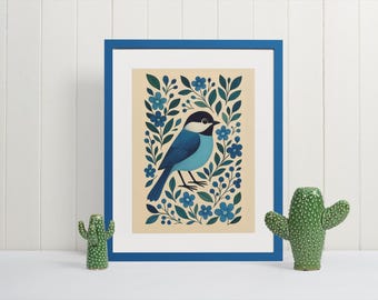 Floral Bird Print Set: Chickadee, Cardinal, Robin (Digital Download)