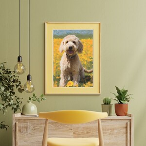 May include: A framed painting of a light brown dog sitting in a field of yellow flowers. The dog is smiling and looking directly at the viewer.