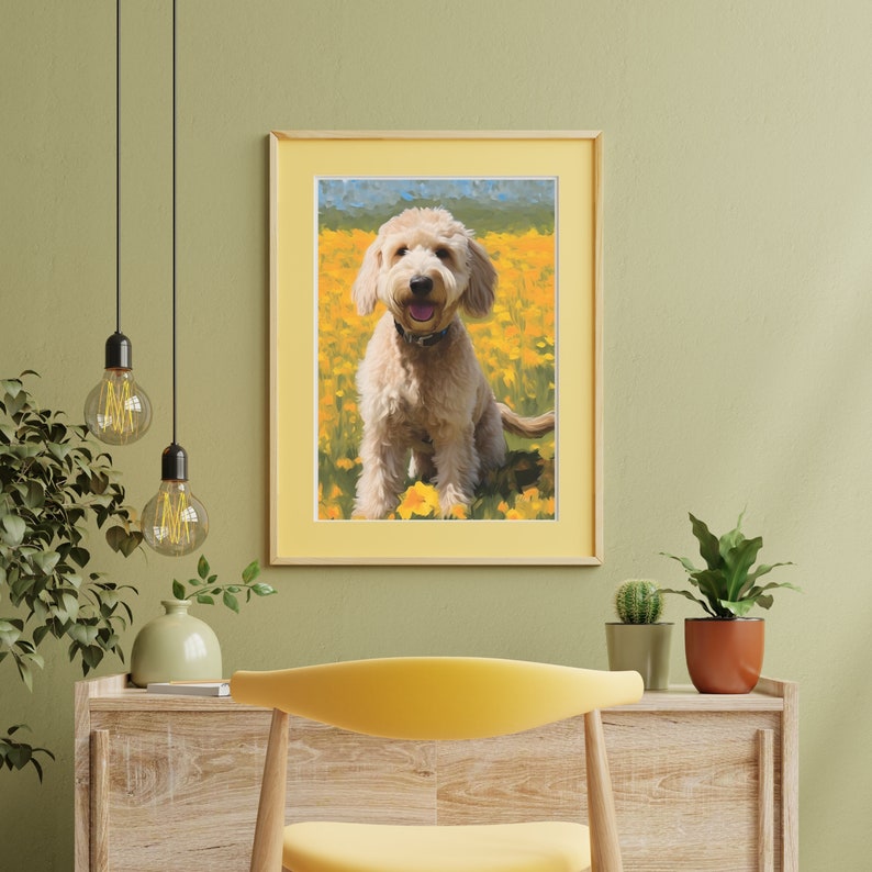 May include: A framed painting of a light brown dog sitting in a field of yellow flowers. The dog is smiling and looking directly at the viewer.