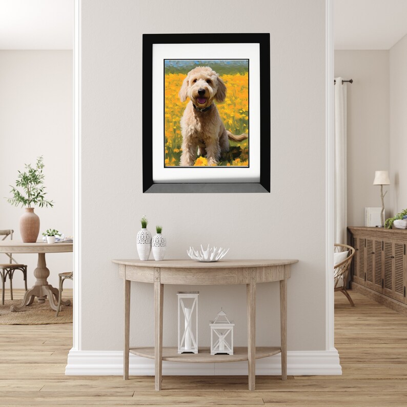 May include: A framed photograph of a light brown dog sitting in a field of yellow flowers. The dog is smiling and looking directly at the camera.