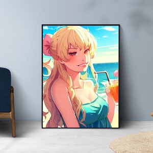 Anime Girl Beach Poster, Cute Girl Drinking Cocktail Print Poster, Anime Room Decor, Summer Design Poster, Cool Anime Art Digital Download