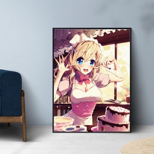 Anime Girl Poster, Cooking Anime Wall Art, Anime Room Decor, Funny Anime Girl in Kitchen, Cute Girl With Cake, Digital Download
