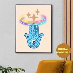 Hamsa Hand Wall Art, Painting for Living Room Decor and Evil Eye Protection, Printable Digital Hamsa Hand