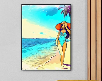 Anime Girl Wall Art, Hot Anime Girl Summer Poster,  Bikini Girl Printable Wall Art, Teen Girl Room Decor, Beach Anime Prints