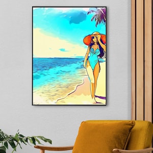 Anime Girl Wall Art, Hot Anime Girl Summer Poster,  Bikini Girl Printable Wall Art, Teen Girl Room Decor, Beach Anime Prints