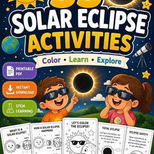 Peut inclure: Une ressource éducative numérique intitulée 350 SOLAR ECLIPSE ACTIVITIES avec des illustrations du soleil, de la lune et d'enfants portant des lunettes d'éclipse. Inclut cinq fiches d'activités imprimables avec des schémas et du texte.