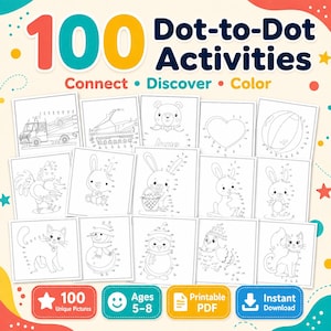 May include: A collection of 100 dot-to-dot activity pages featuring various illustrations like animals, a truck, and a snowman. The title reads 100 Dot-to-Dot Activities Connect Discover Color. Includes labels for 100 Unique Pictures and Ages 5-8.