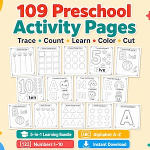 May include: A collection of 109 preschool activity pages featuring tracing, counting, learning, coloring, and cutting exercises. The worksheets include letters, numbers, shapes, and illustrations like a ball, apple, mushroom, and robot.