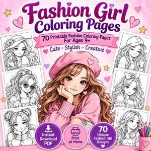 Puede incluir: Una colección digital de 70 páginas para colorear de moda con una ilustración central de una chica con boina y suéter rosa, rodeada de seis retratos en blanco y negro de estilo lineal que muestran chicas con diversos peinados y accesorios.