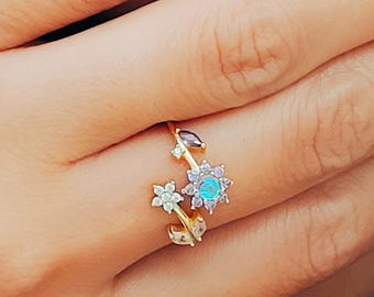 Gold Plated Sterling Silver Moonstone Flower Ring, Adjustable